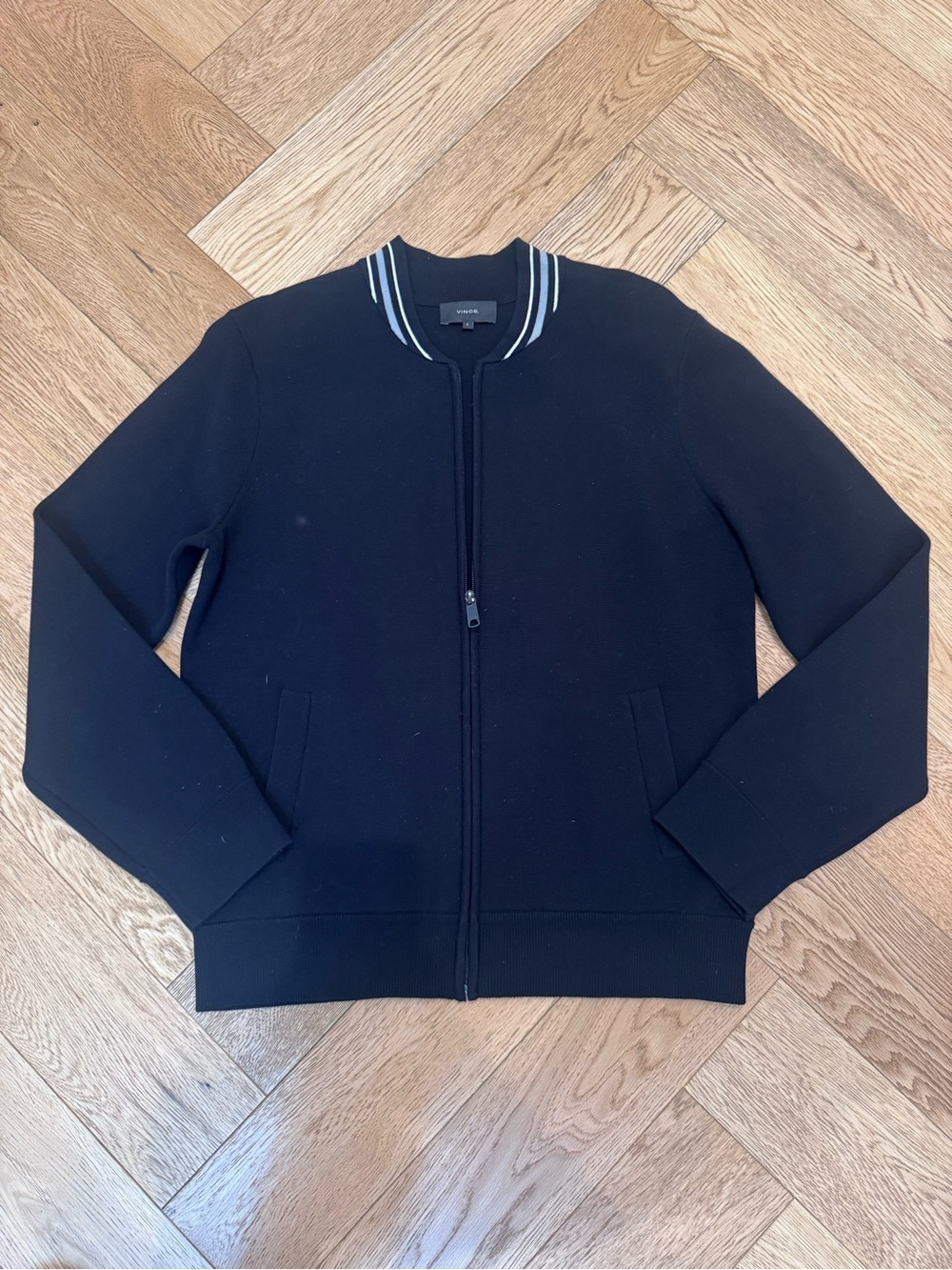 Vince Black Zip Bomber with Contrast Stripe Collar